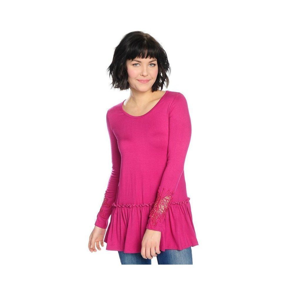 Deep Fuchsia Long Sleeve Scoop Neckline Top with Ruffle Hemline and Lace Detail - Picture 2 of 6